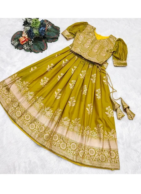 Ajd 8112 Fancy Fabric Zari Weaving Work Lehenga With Blouse Kids Wear Exporters In India